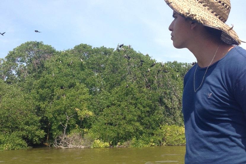 Projects Abroad medewerker vaart over de lagune tijdens observatiestudie van vogels. Boottocht over de lagune tijdens observaties van vogels bij natuurbehoud in Mexico
