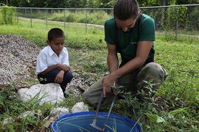 A school child watches a volunteer work Volunteers assist with making schools eco-friendly