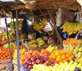 Obststand auf dem Markt Senegal, Sozialarbeit, Markt