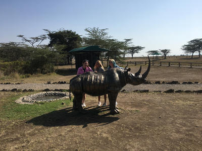 Volunteers pose with a rhino statue in Kenya Volunteers pose with a rhino statue in Kenya