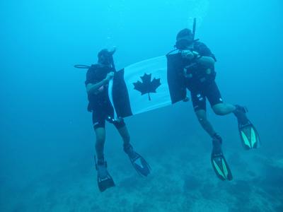 Volunteers hold up the Canadian flag during a dive Volunteers hold up the Canadian flag during a dive